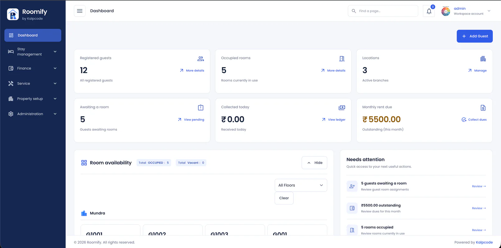 Roomify room, guest, and rent management dashboard