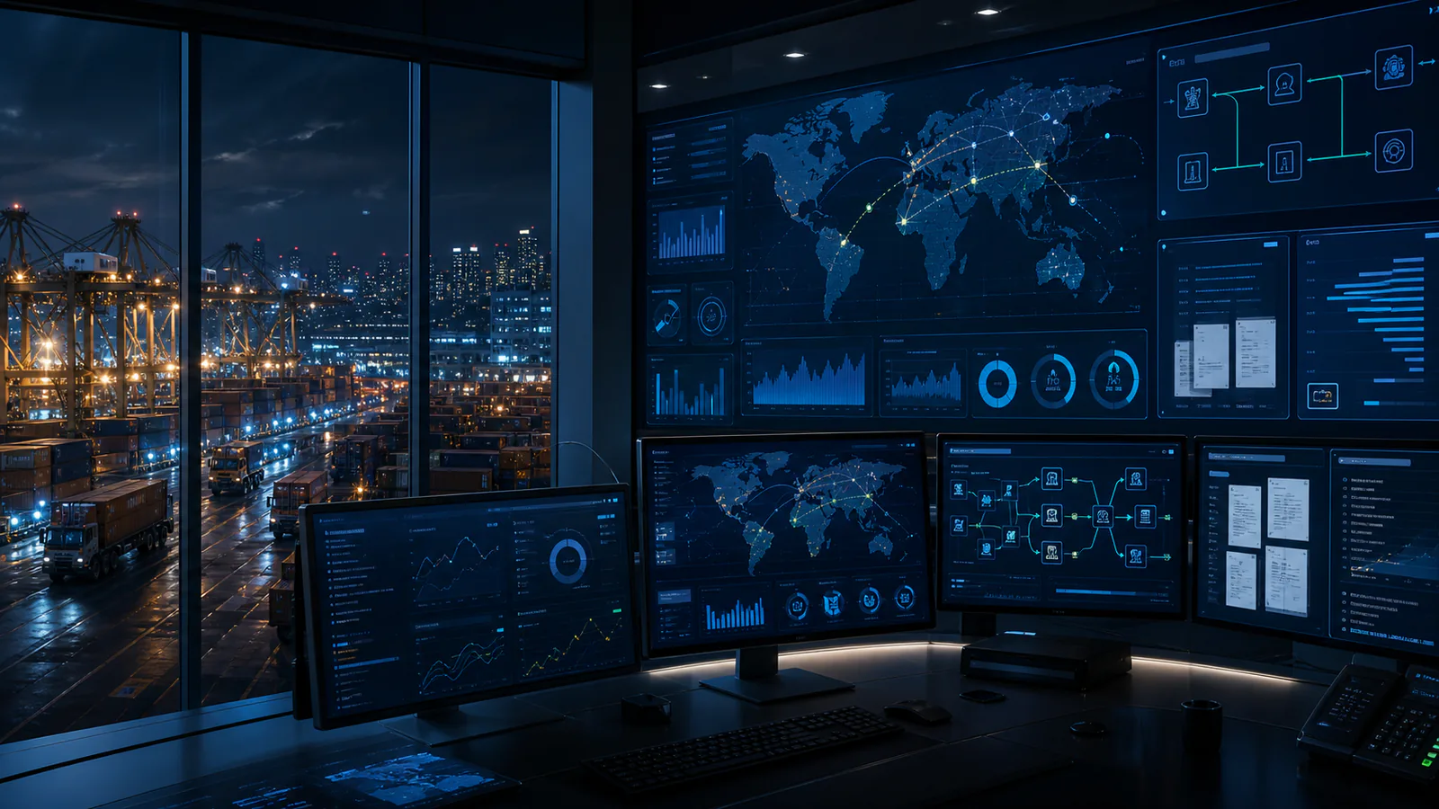 Operations command centre showing connected logistics, documents, and workflow systems